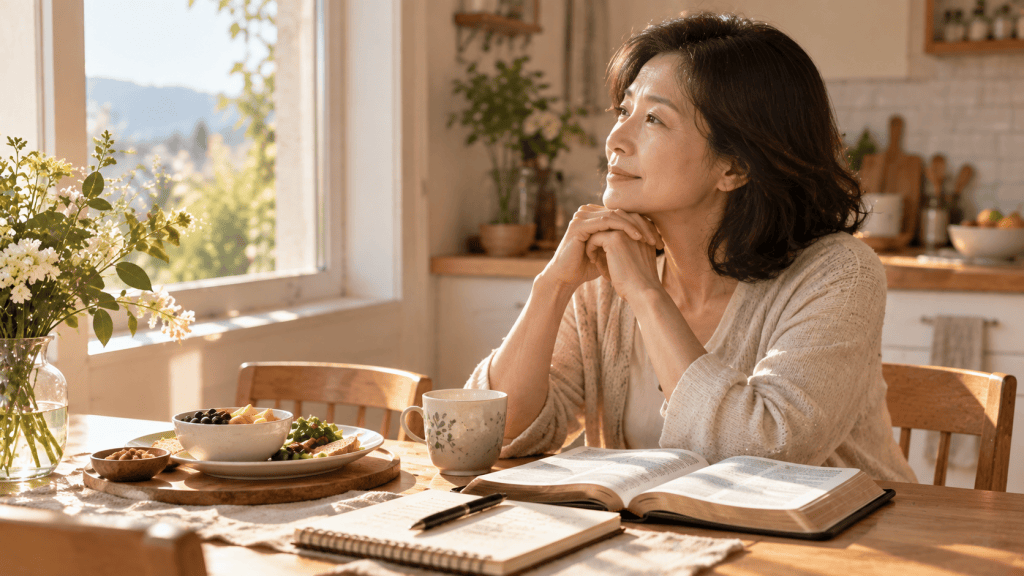 아침 식탁의 성경과 묵상 노트 곁에서 잠시 생각에 잠긴 중년 여성